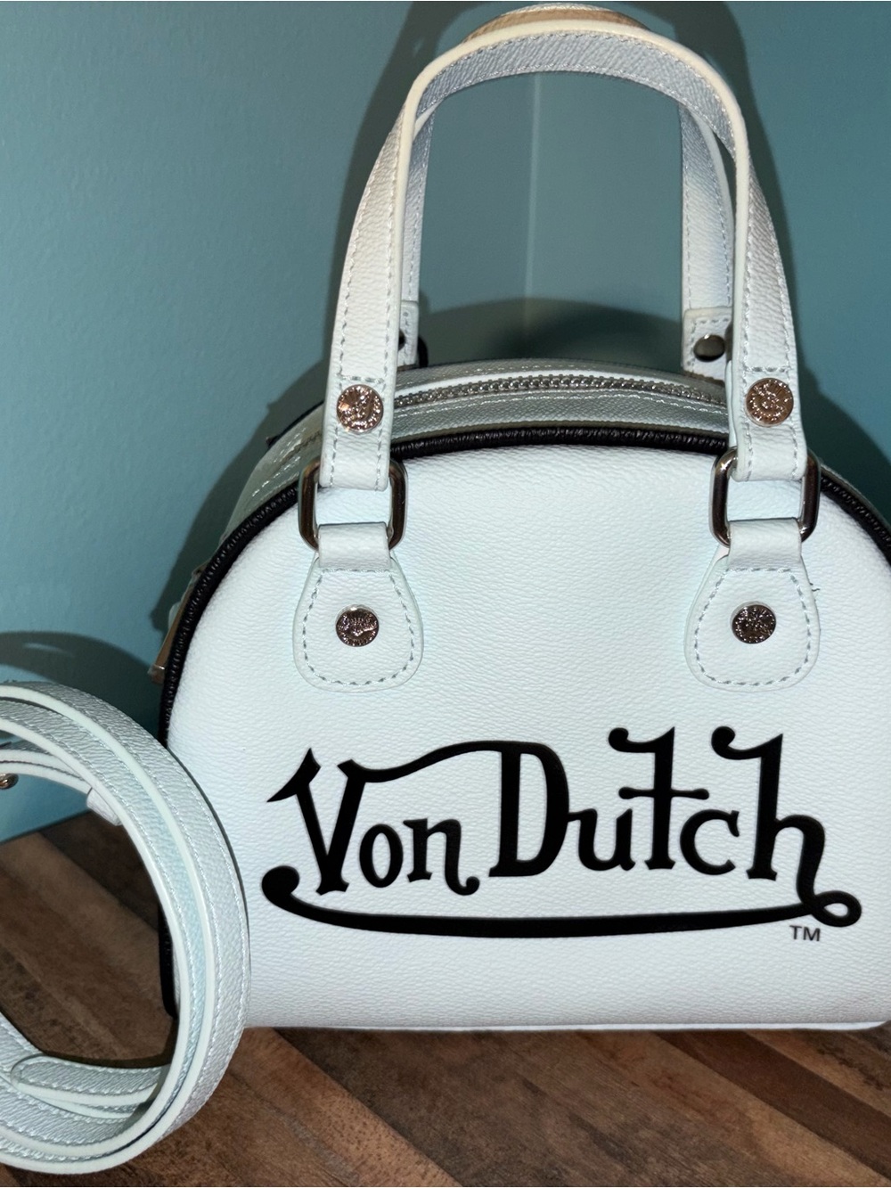 Von Dutch Light Blue Dome Satchel (Bowling Bag) with Black Logo NWT!